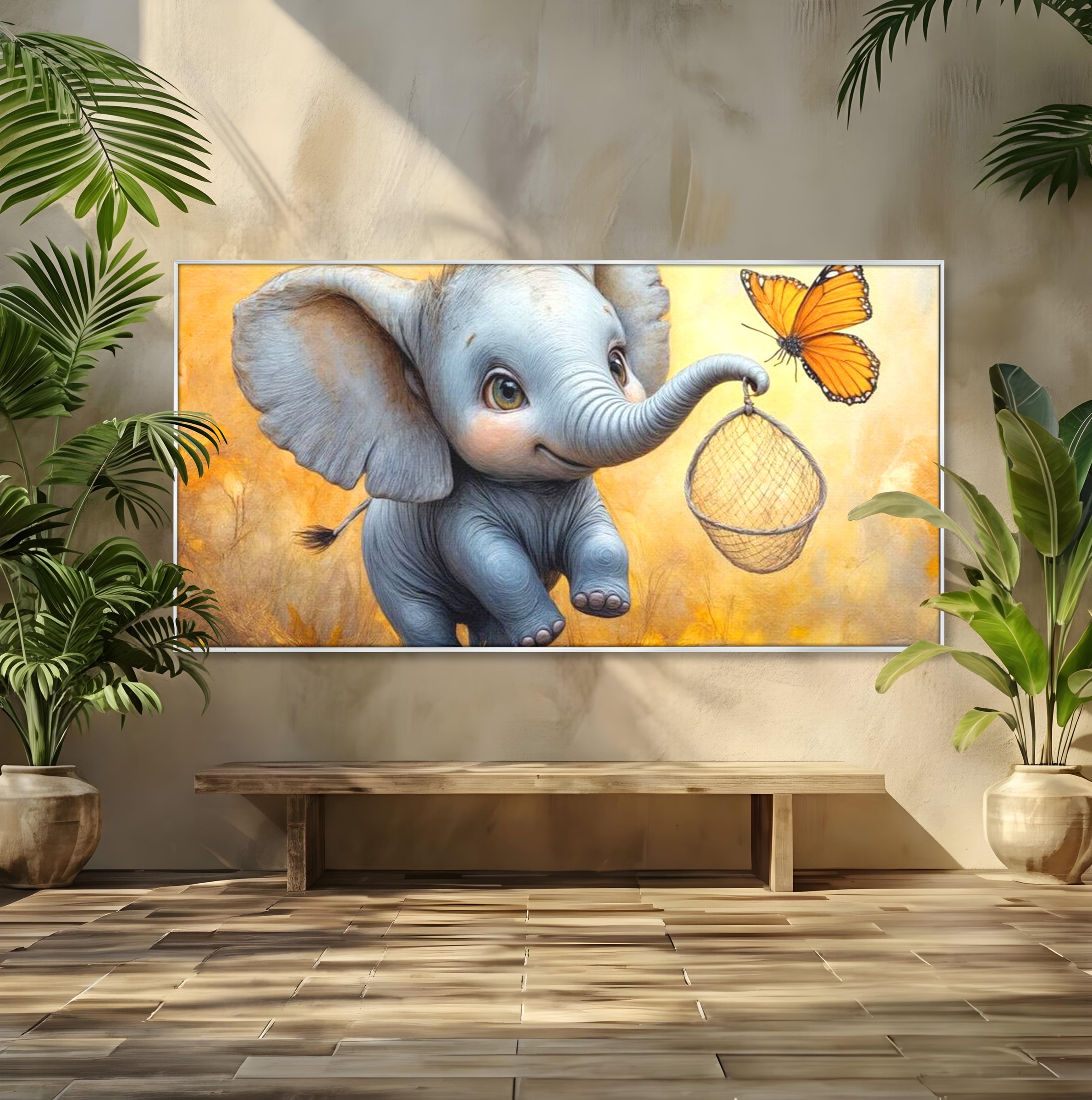 Tablou canvas cu ilustratie cu elefantel si fluture, in rama de aluminiu argintiu